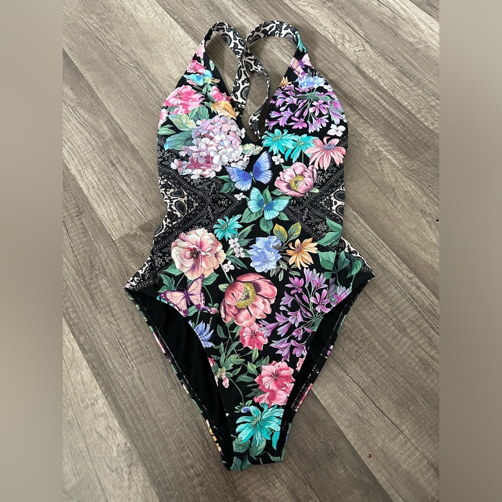 JOHNNY WAS BLACK BUTTERFLY CROSS BACK ONE PIECE - Picture 5 of 9